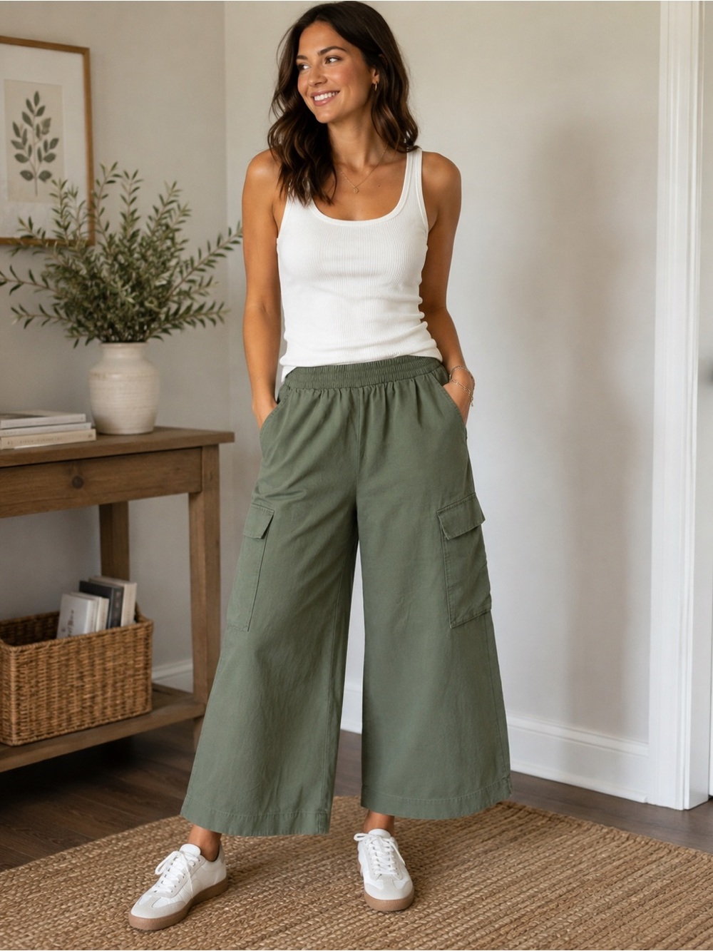 Haven Well Within Cargo Pants Womens Olive Green Wide Leg Pull On Cropped Size S